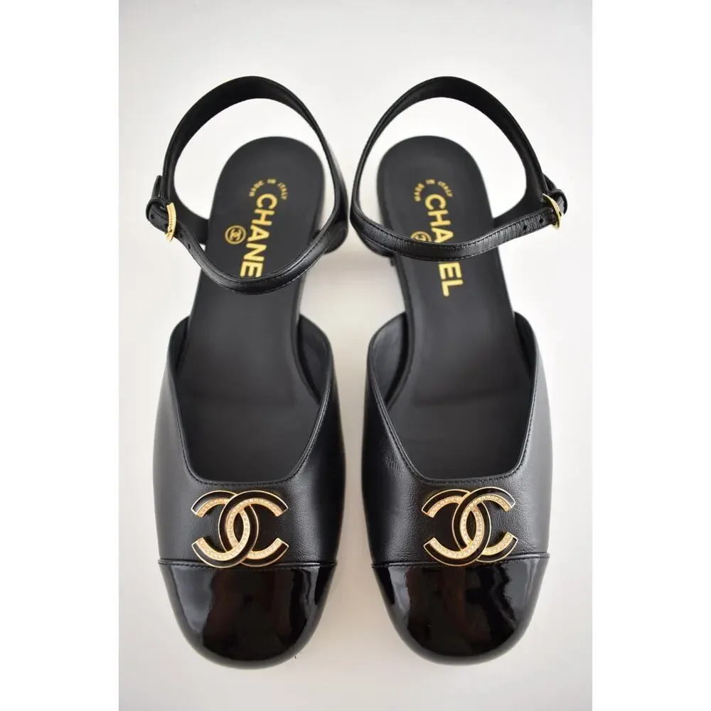 Chanel 25P Black Patent Gold CC Slingback Ankle Strap Ballerina Ballet Flat 36C